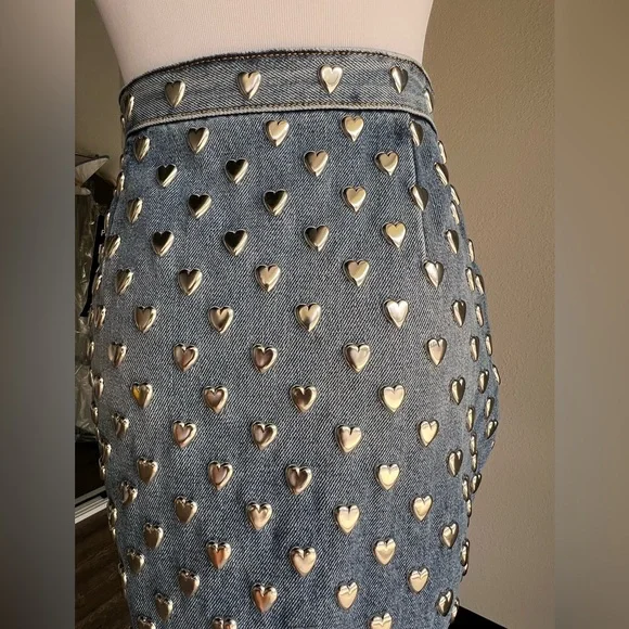 Saint Laurent Denim Mini Skirt with Metal Hearts Size 27